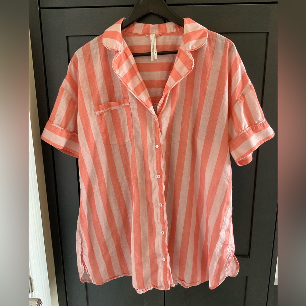 🔸Anthropologie Oversized Striped Peach White Button-Up Shirt Size S 100% Cotton